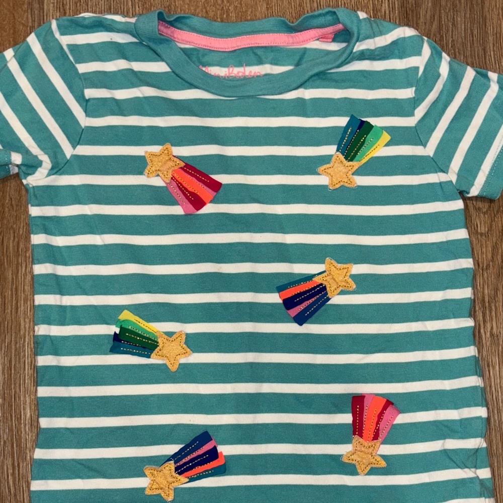 Mini Boden Teal Striped Shirt with Star Appliques